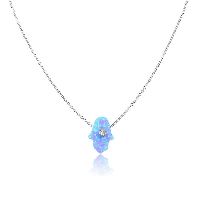 Opal Hamsa Hand Ocean Blue with Crystal Sterling Silver Necklace l