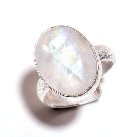 Oval Hammered Band Rainbow Moonstone Sterling Silver Adjustable Ring
