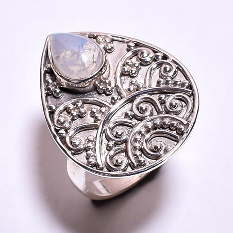 Oval Hammered Band Rainbow Moonstone Sterling Silver Adjustable Ring