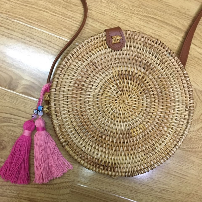 Nazar Tan Rattan Bag with Pink Tassels & Evil Eye Beads 20x6cm