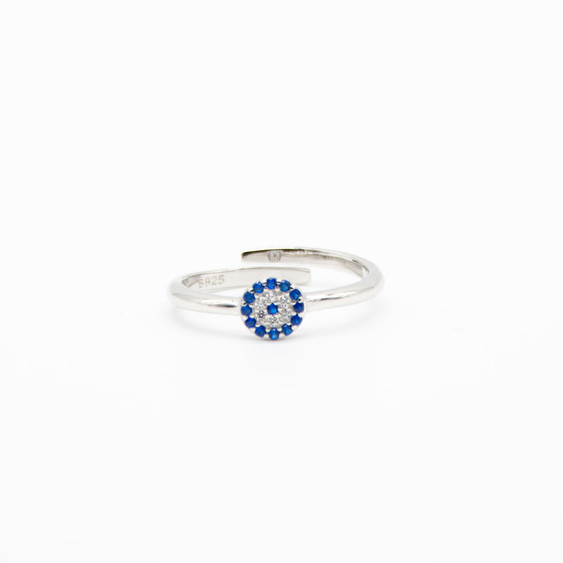 Evil Eye Blue & White Cubic Zirconia Sterling Silver Adjustable Ring