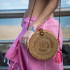 Nazar Tan Rattan Bag with Pink Tassels & Evil Eye Beads 20x6cm