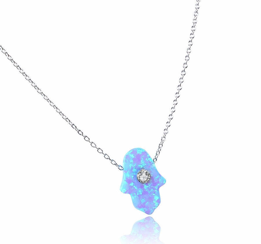 Opal Hamsa Hand Ocean Blue with Crystal Sterling Silver Necklace l