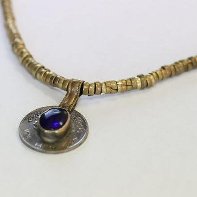 Antique Tribal Reversible Vintage Long Coin Necklace Blue Stone