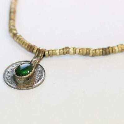 Antique Tribal Reversible Vintage Long Coin Necklace Green Stone