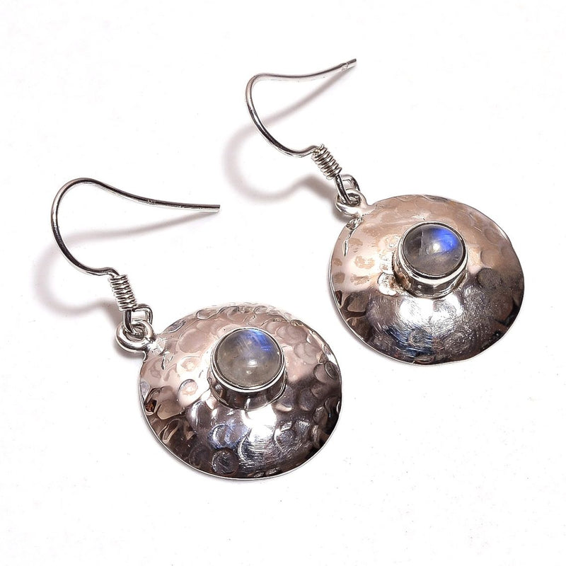 Round Disc Rainbow Moonstone Centre Sterling Silver Earrings