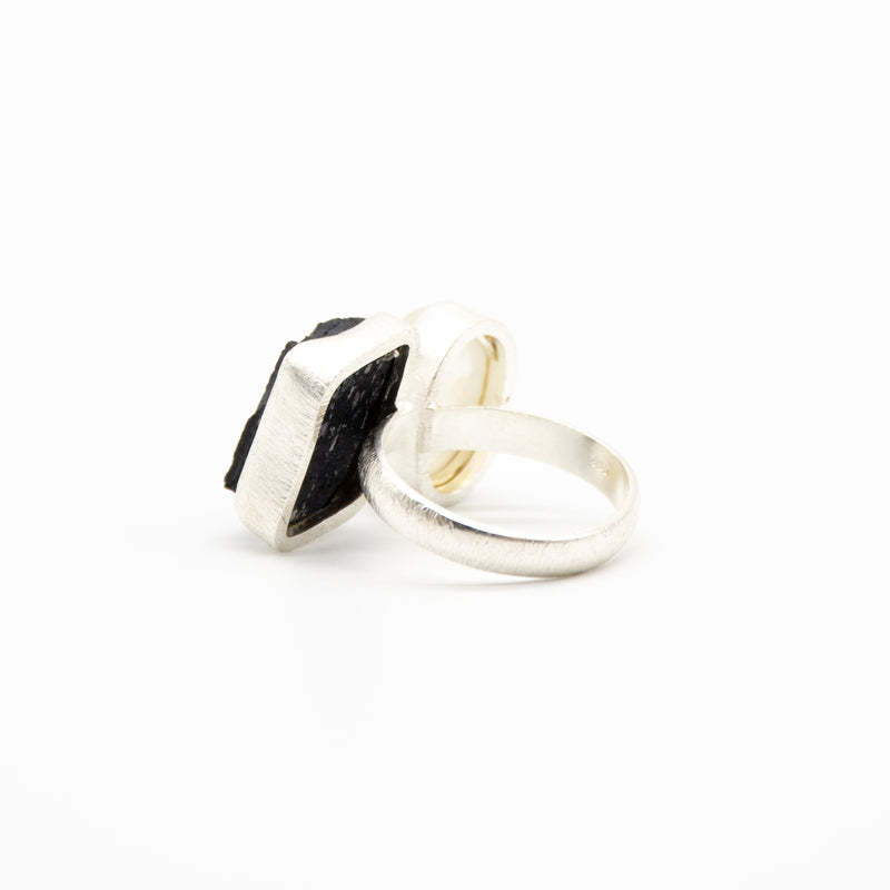 Rough Cut Black Tourmaline & Rainbow Moonstone Adjustable Ring