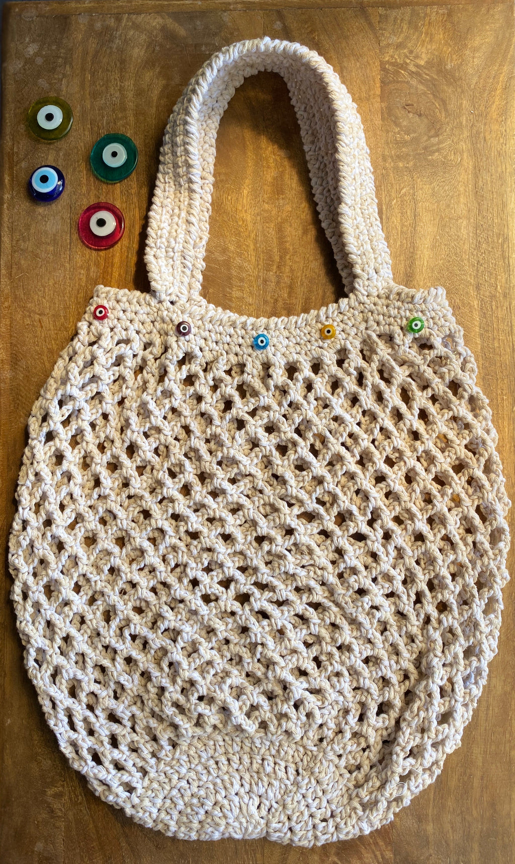 Handmade Crochet Evil Eye Cotton Yarn White & Beige Boho Bag
