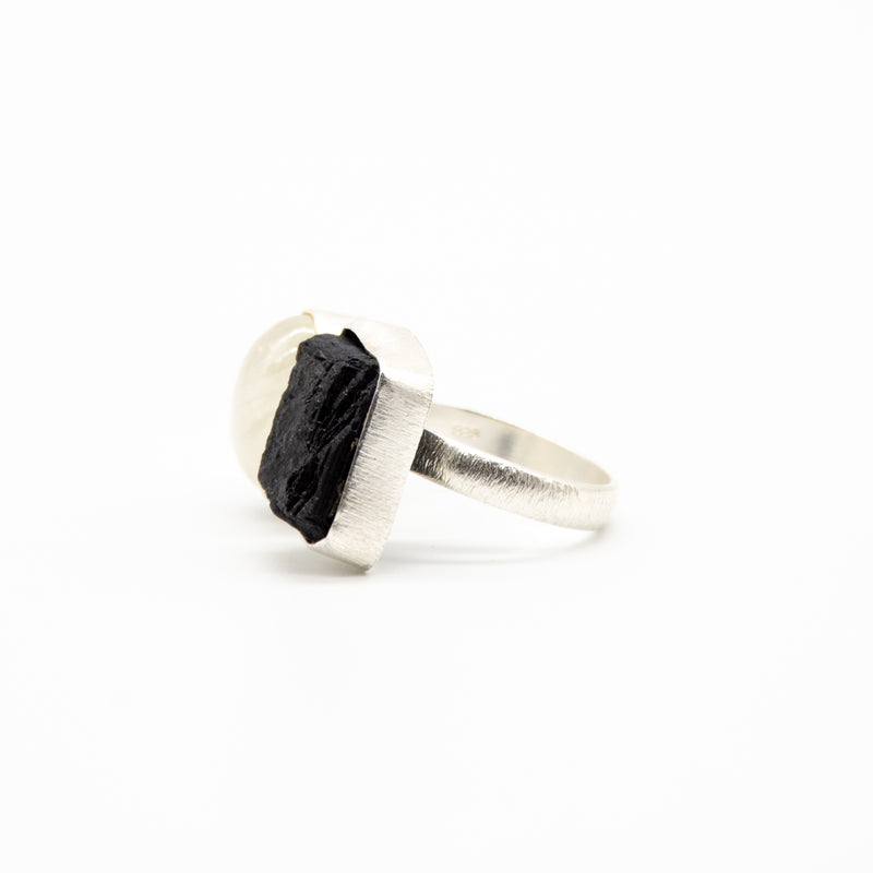 Rough Cut Black Tourmaline & Rainbow Moonstone Adjustable Ring