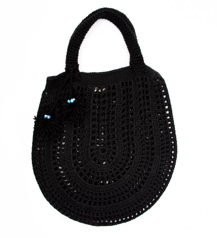 Nazar Black Rattan Bag with Black & Off White Tassels & Evil Eye Beads 20x6cm
