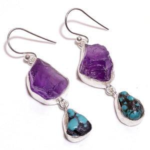 Raw Turquoise & Amethyst Sterling Silver Hanging Earrings