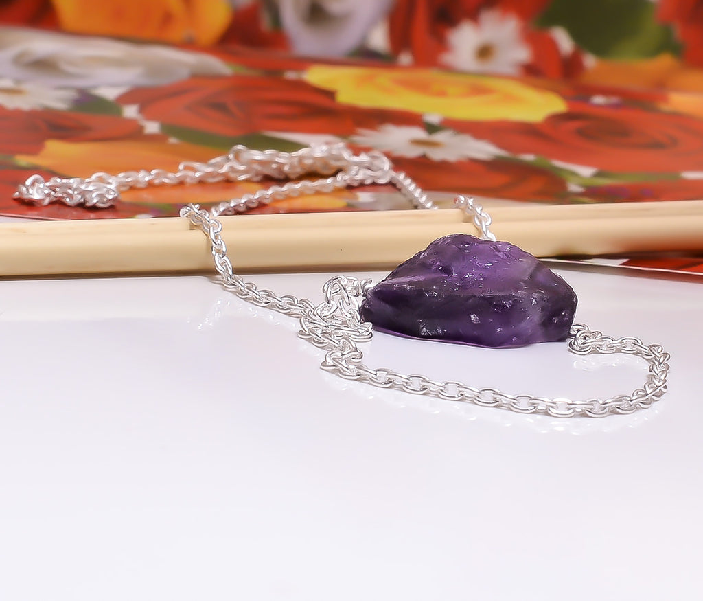 Raw Amethyst Pendant Hanging Chain Sterling Silver Necklace
